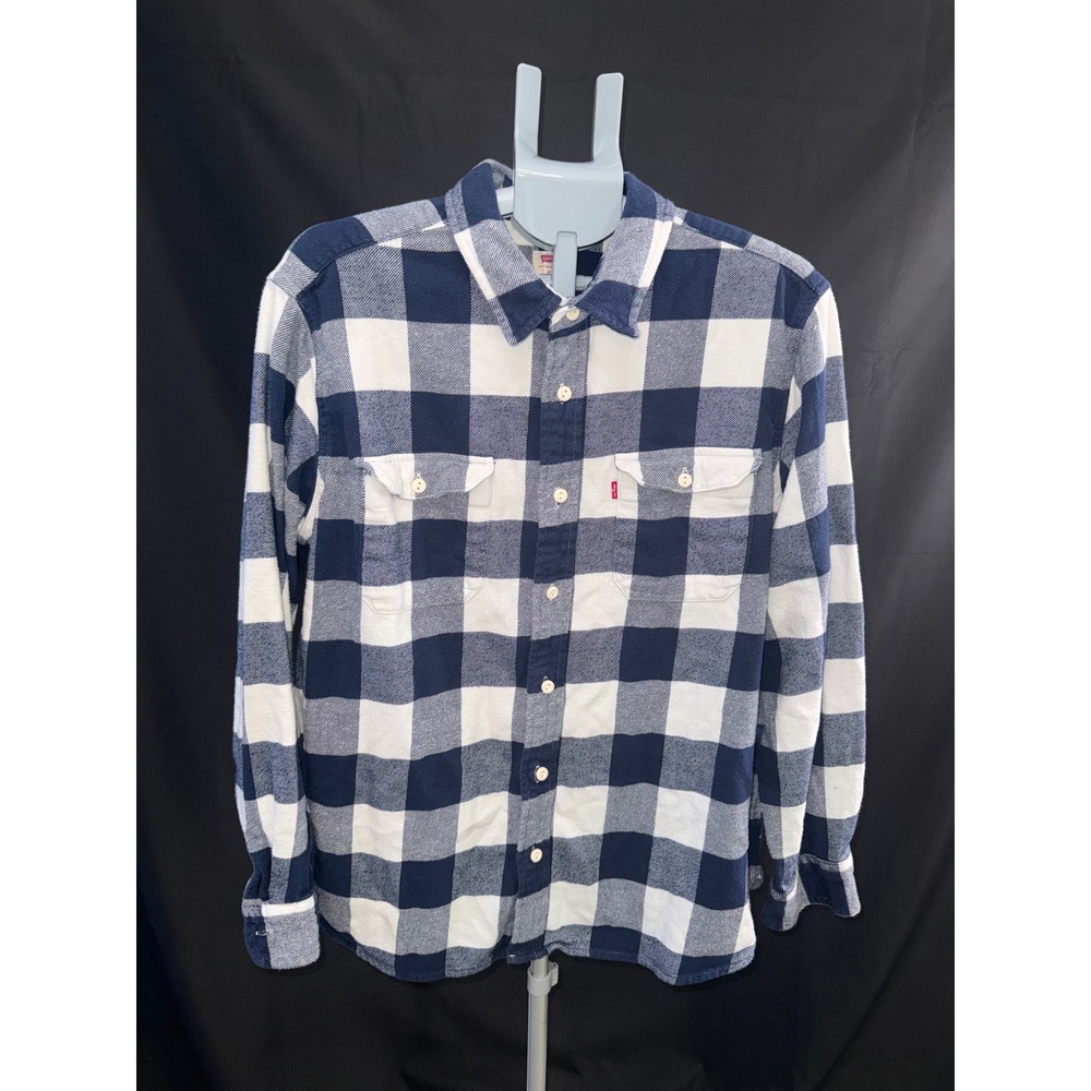 Levis Mens XXL Buffalo Plaid Flannel Shirt Navy Blue White Long Sleeve Button Up